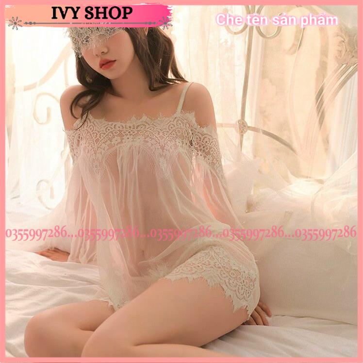 Váy ngủ gợi cảm 2 dây trễ vai sexy, đầm ngủ nữ dáng xuông xuyên thấu - Đen, Trắng - VN908