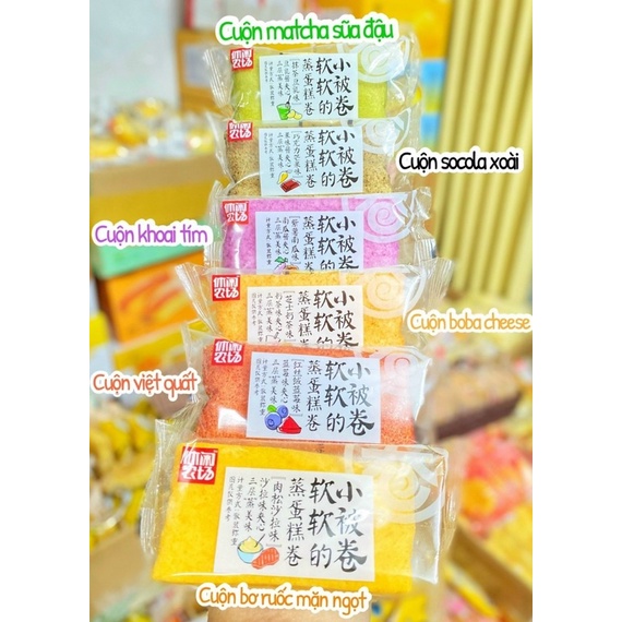 1 cái Bánh bông lan dài cuộn kem 6 vị trà xanh/socola/việt quất/phô mai cá hồi/trà sữa phô mai 77gram/cái