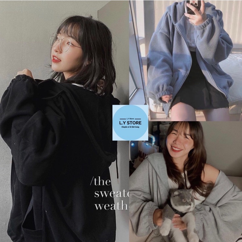 Áo hoodie nỉ trơn oversize tay bo-Áo jacket mùa đông dài tay dáng rộng