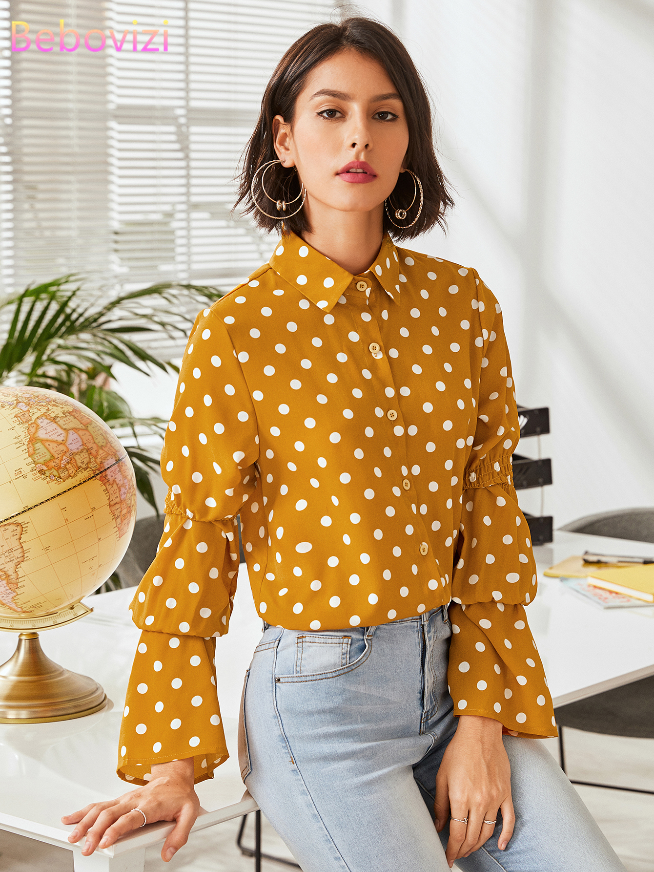 Áo Sơ Mi Chiffon Tay Dài Dáng Rộng Họa Tiết Chấm Bi Màu Vàng Phong Cách Retro Thanh Lịch Mới Size L-3xl Cho Nữ