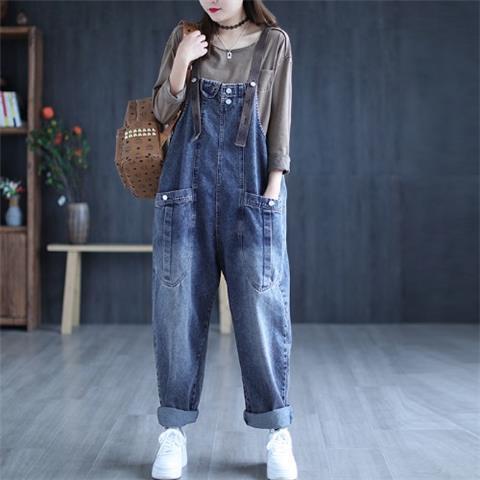 Quần Yếm Denim Ống Rộng Plus Size Phong Cách Retro Cho Nữ