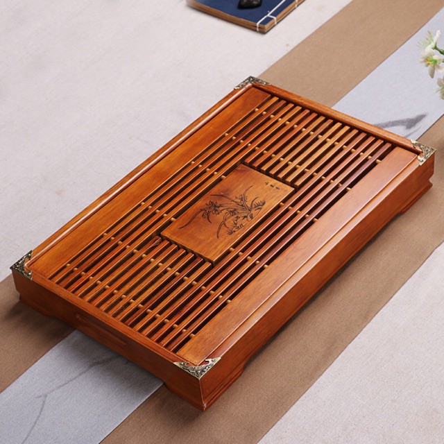 Khay tre ấm chén bọc đồng 43x28cm - Gốm sứ Bát Tràng Anh Khoa