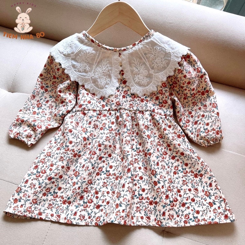 Váy nhung tăm cổ phối ren họa tiết hoa nhí dành cho bé gái từ 2-6 tuổi Tiệm Nhà Bơ