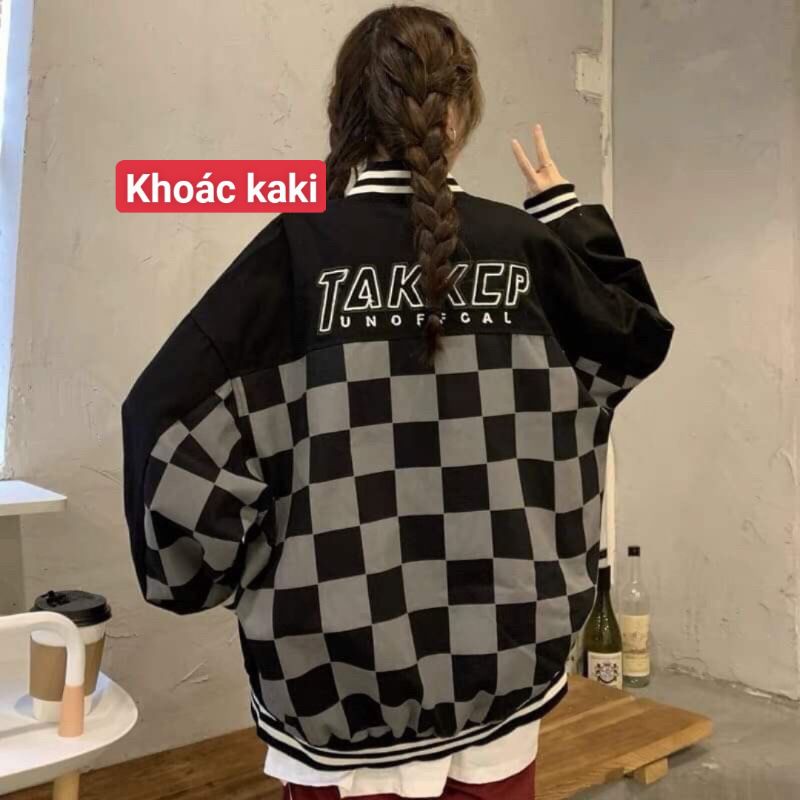 Áo khoác bomber nỉ kẻ caro in chữ siêu ngầu nganunisex