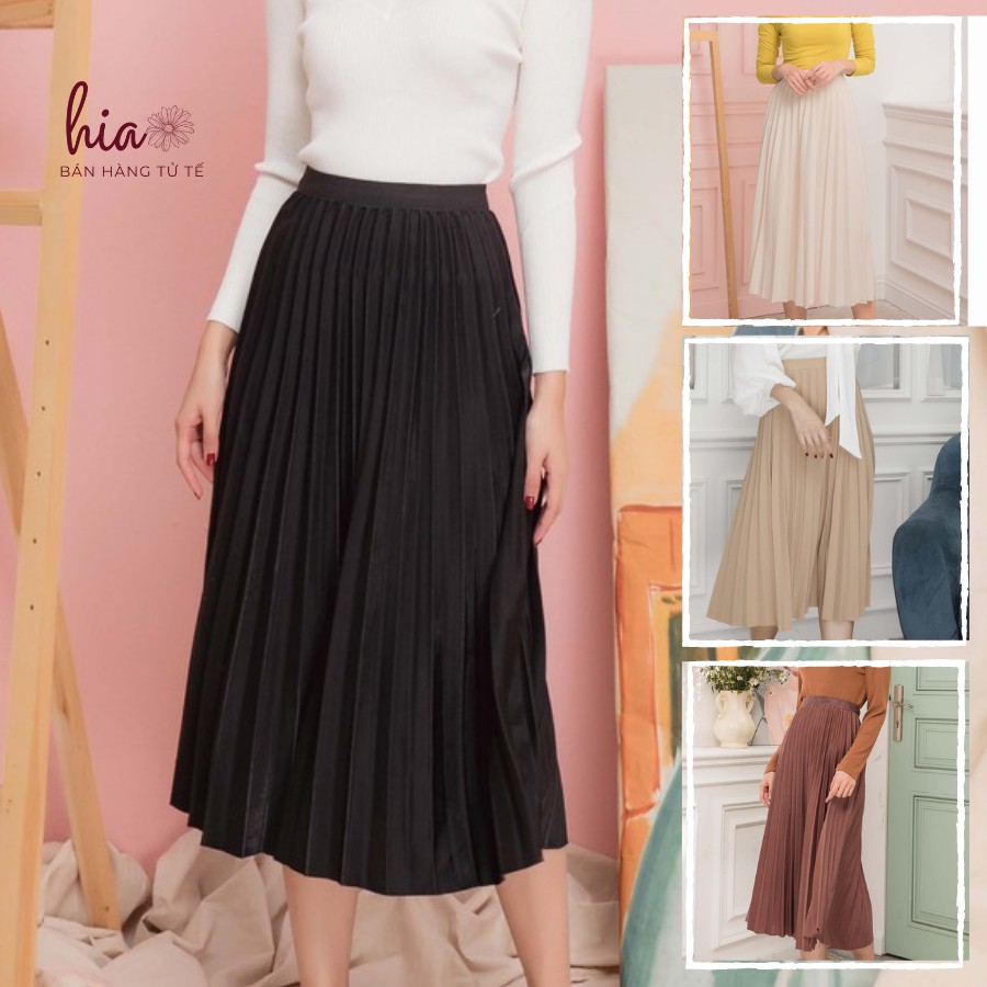 Chân váy xếp li trơn cạp chun dày dặn phối với mọi loại áo