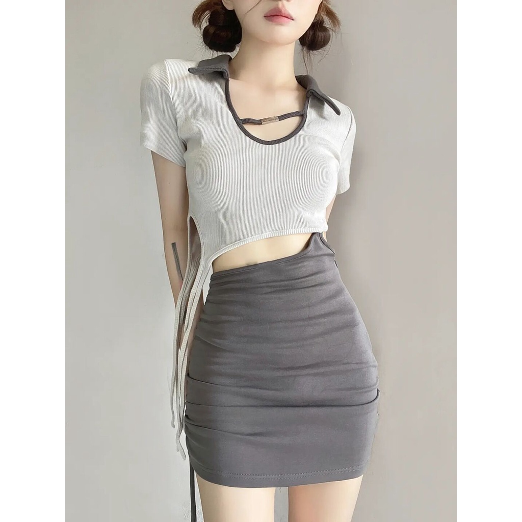 Áo kiểu ZHELIHANGFEI cổ polo ngắn tay lưng cao cột dây thiết kế quyến rũ thời trang