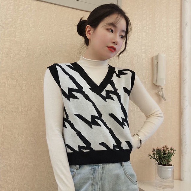 Áo Gile Len Nữ, Áo Len Gile Nữ Hoạ Tiết ziczac Vintage Cổ Chữ V KhôngTay Phong Cách Hàn Quốc | BigBuy360 - bigbuy360.vn