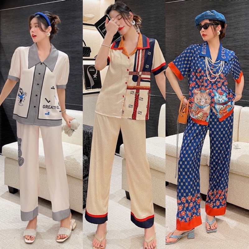 Pijama lụa cao cấp Quảng Châu áo cộc quần dài [ảnh thật]
