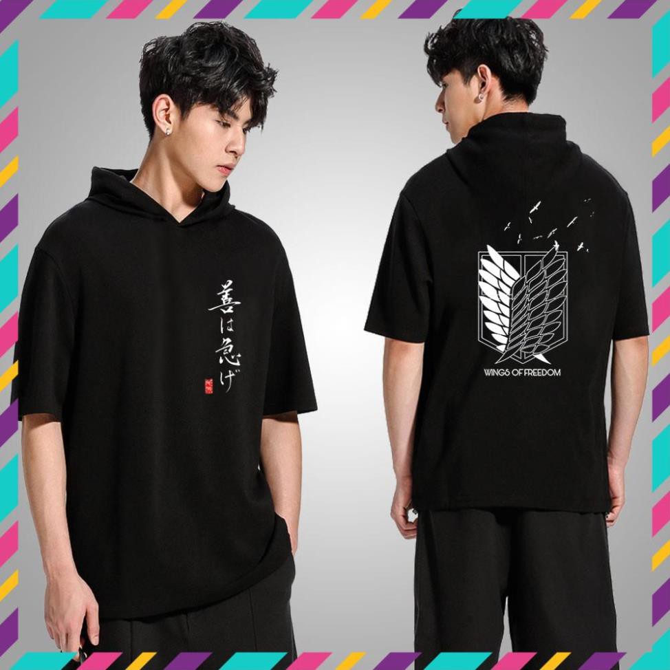 XẢ KHO - Áo thun Hoodie tay lỡ Attack on Titan - áo Anime có mũ độc đẹp hàng độc quyền