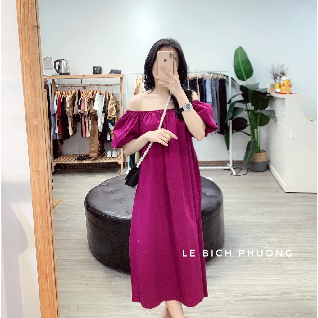 Váy trễ vai dáng maxi chất thô mềm thoáng mát đầm trễ vai 4 màu sang chảnh V1468