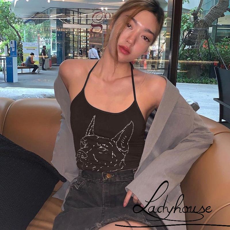 Áo Tank Top Hai Dây In Họa Tiết Hoạt Hình Đính Đá Dành Cho Nữ