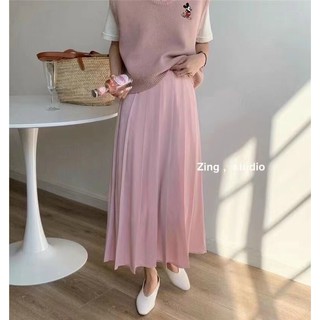 Chân váy xếp ly lụa dài midi
