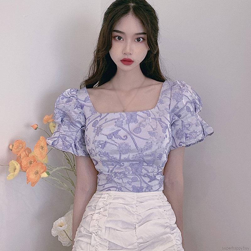 Áo Croptop Tay Phồng Cổ Vuông In Họa Tiết Hoa Phong Cách Retro