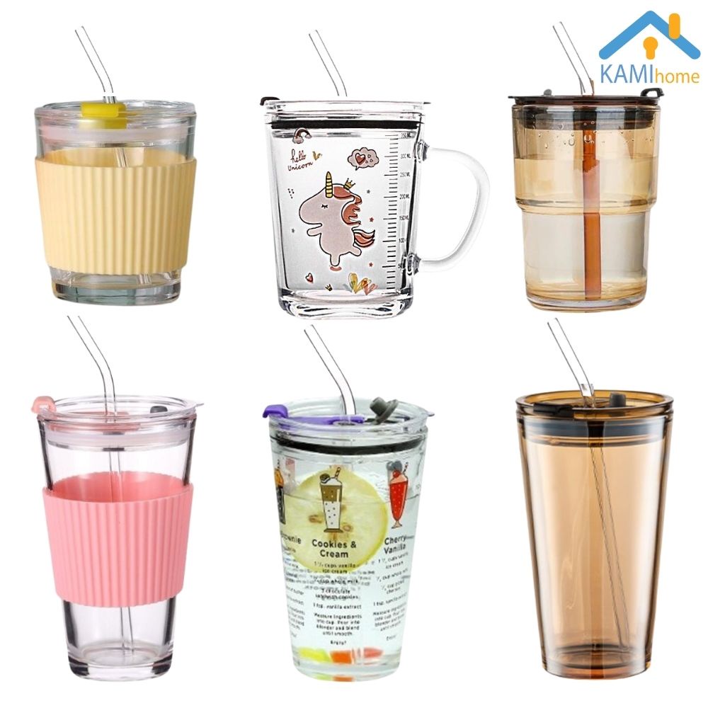 Ly thủy tinh có nắp và ống hút chất liệu cao cấp chịu nhiệt nóng lạnh (Nhiều Mẫu) KMH 22031