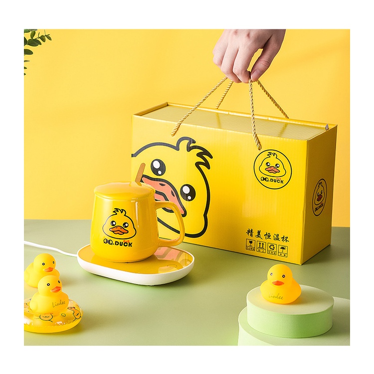 (tặng muông inox ) BỘ CỐC HÂM NÓNG 400ml KÈM ĐẾ GIỮ NHIỆT HÌNH VỊT VÀNG SIÊU HÓT - LY sứ có nắp