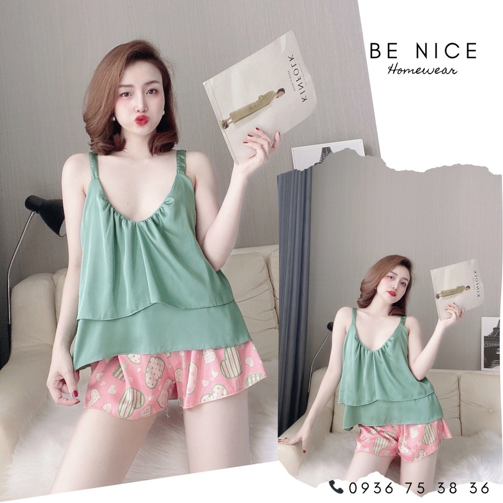 Bộ mặc nhà ngắn hai dây tầng cổ V phối màu và họa tiết xinh xắn Be Nice Homewear