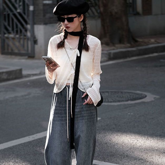 Áo Cardigan Cổ Chữ V Phối Ren Mỏng Thời Trang Mùa Hè Mới 2022 Cho Nữ