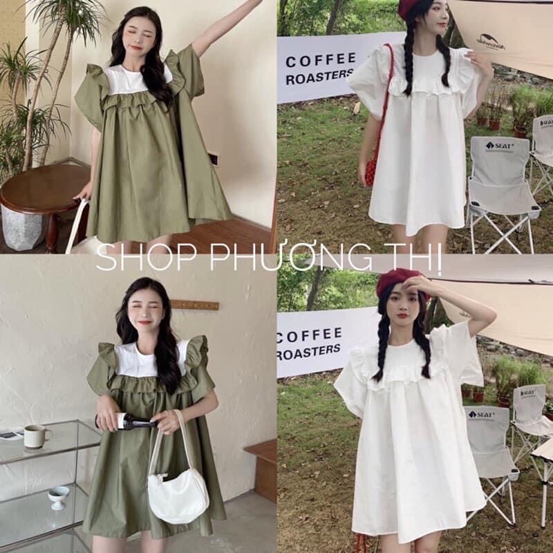 Váy babydoll cánh tiên phong cách ulzzang màu trắng/xanh rêu
