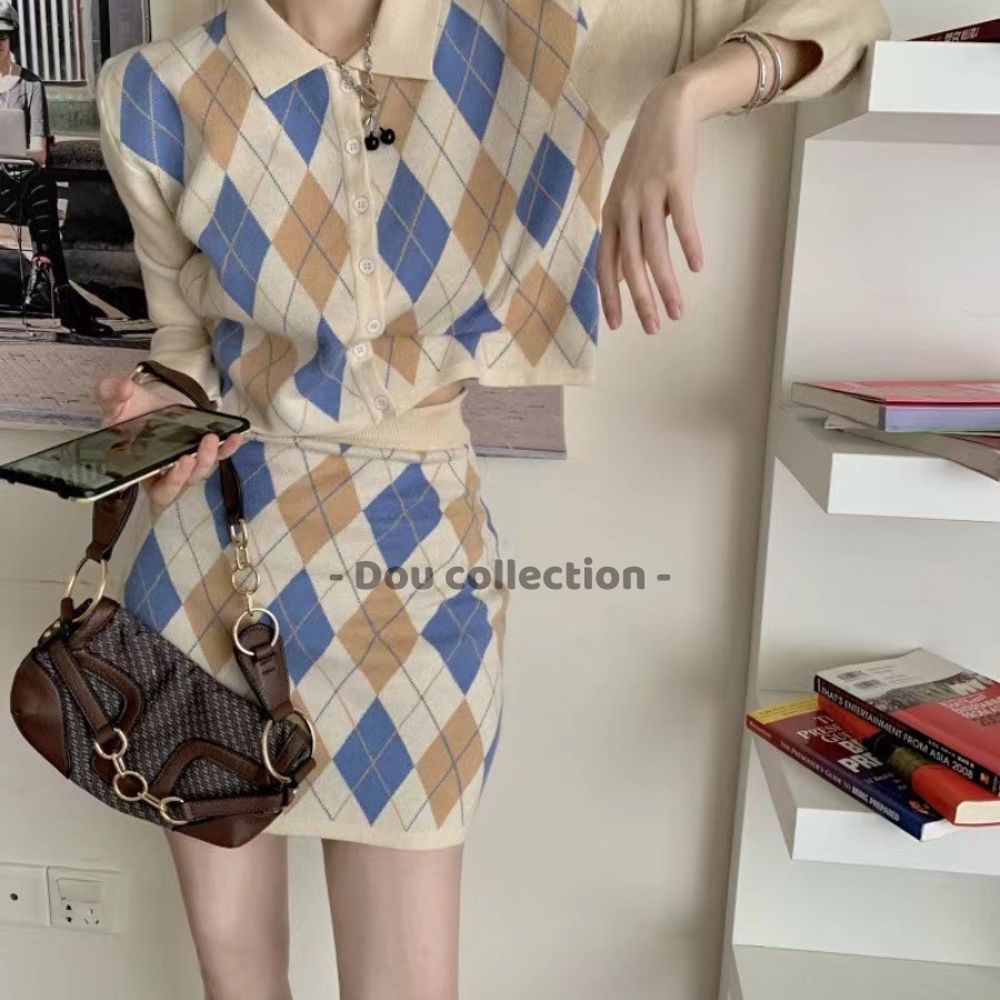 [Nowship2h] Sét Áo Chân Váy Dệt Kim Họa Tiết Argyle Phong Cách Học Đường Thời Trang Mùa Hè - Mã TA023