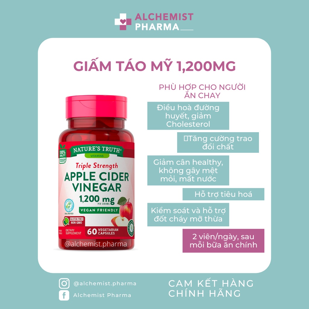 VIÊN UỐNG GIẤM TÁO NATURE'S TRUTH APPLE CIDER GIẢM CÂN, ĐỐT MỠ THỪA MỸ 60 VIÊN