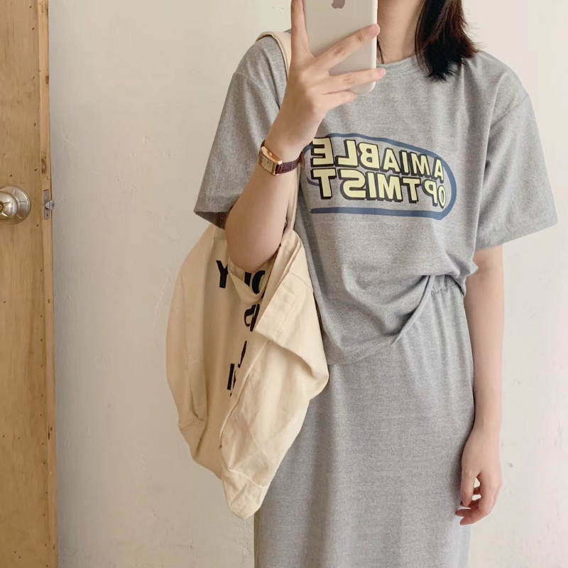 SUXI Bộ Áo Thun Ngắn Tay In Chữ + Chân Váy Trơn Màu Xinh Xắn Dành Cho Nữ