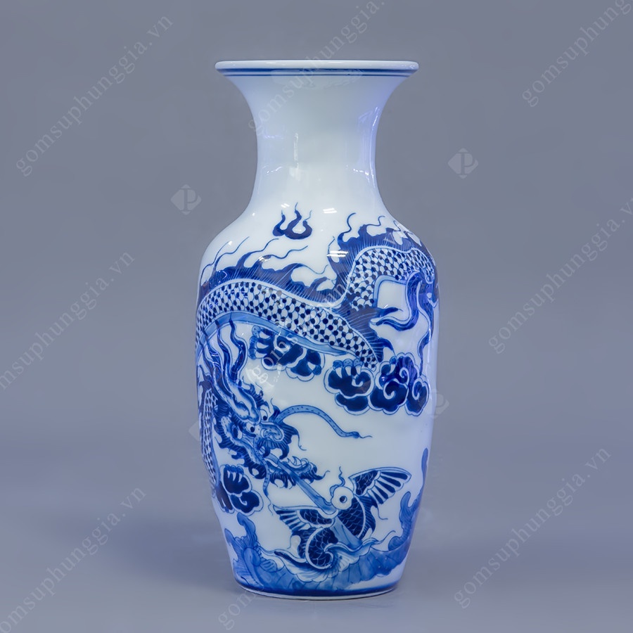 Lọ hoa Men Lam Trắng NỔI họa tiết RỒNG, đồ thờ cúng PHÙNG GIA - Gốm sứ Bát Tràng cao cấp