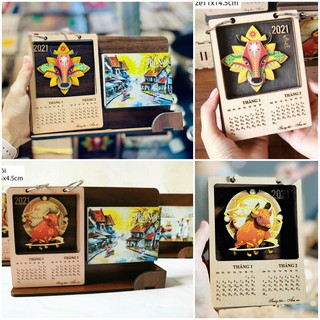 Lịch gỗ để bàn, lịch tết năm 2021 mẫu mới họa tiết con trâu