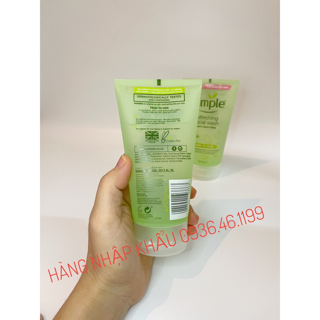 Sữa rửa mặt dạng Gel Simple UK chính hãng 150ML