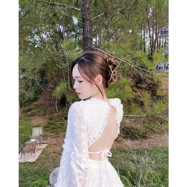 ĐẦM TRẮNG HOA NỔI CUTOUT LƯNG EO✨