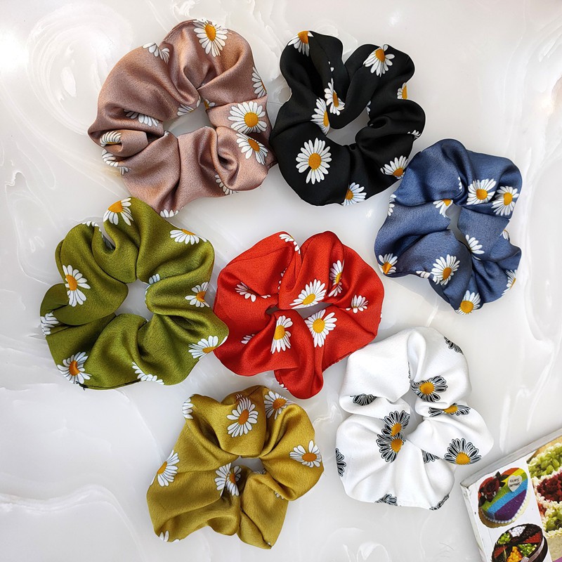 Dây Cột Tóc Organza Bản Lớn Họa Tiết Hoa Cúc Nhỏ Đơn Giản Phong Cách retro