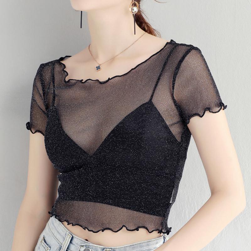 Áo Ống Vải Lưới Tay Ngắn Lấp Lánh Thời Trang Mùa Hè Cho Nữ Áo Croptop Chạy Viền