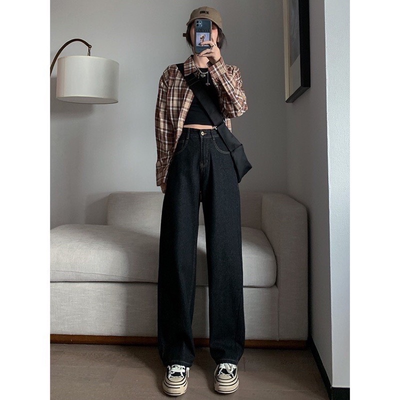 Quần bò xuông đen &amp; bò đai 2 cúc gập gấu quốc dânDAQUY20quần jeans cullot xuông cạp hai cúcToàn bộ ảnh shop chụp