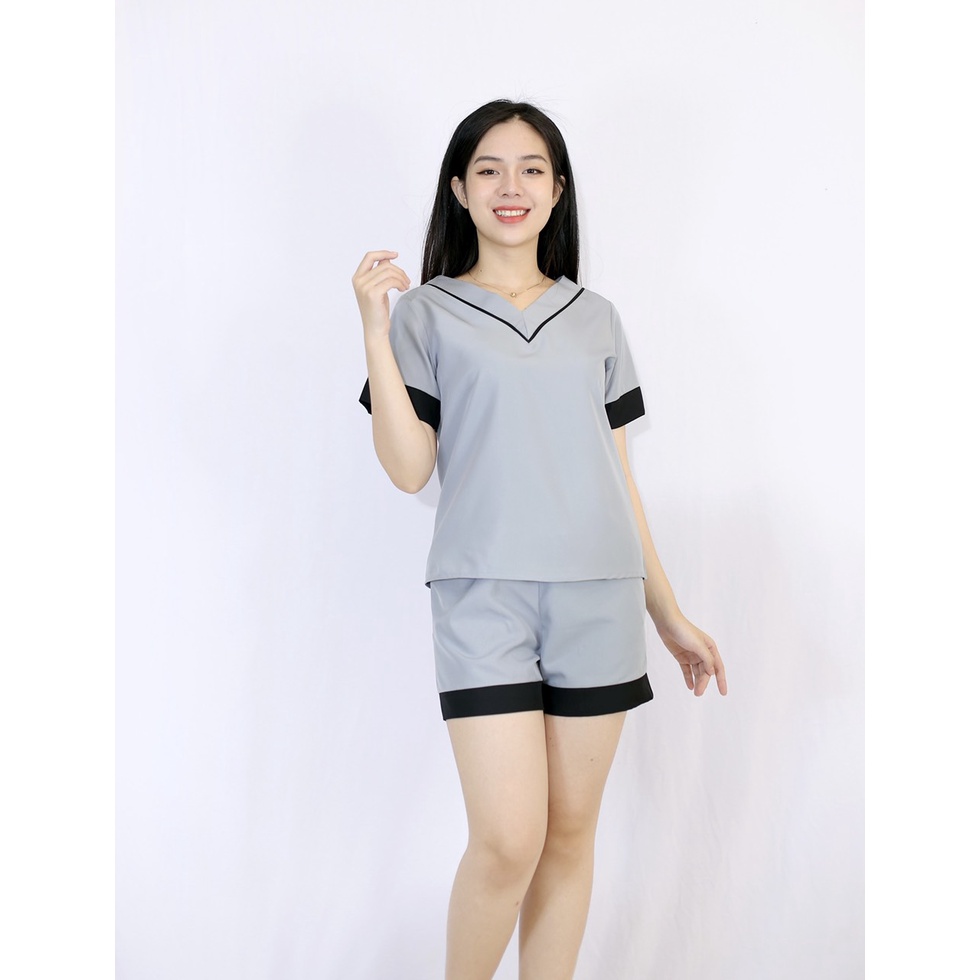 Đồ ngủ nữ mặc nhà D11 XÁM GHI CỔ TIM  set pijama tay ngắn quần ngắn Thoải Mái Nhẹ Nhàng