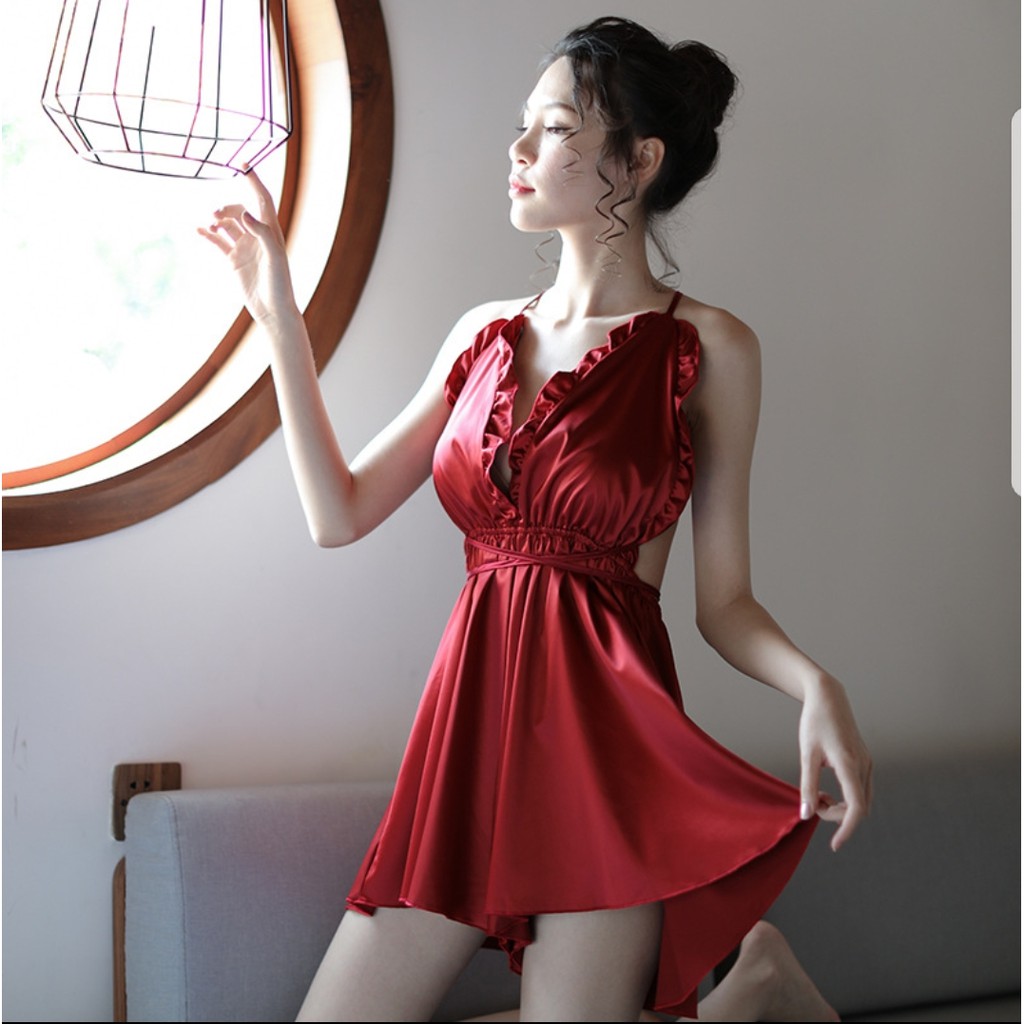 Đầm ngủ cosplay lụa gợi cảm hở lưng viền bèo cao cấp - Đồ ngủ sexy hở lưng quyến rũ kèm chip lọt khe