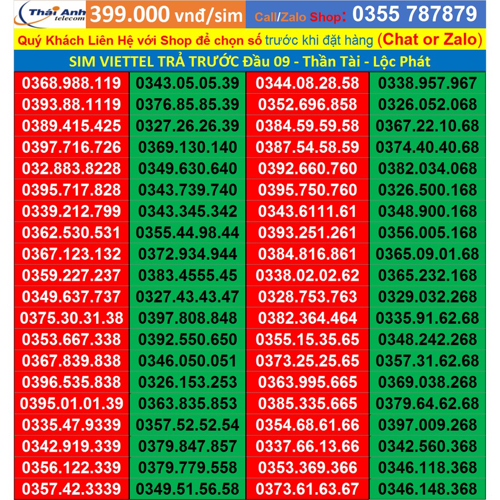 Sim số đẹp Viettel trả trước đầu 09, Tứ quý giữa, cặp gánh gói cước v90, v120 đồng giá 399.000 vnđ