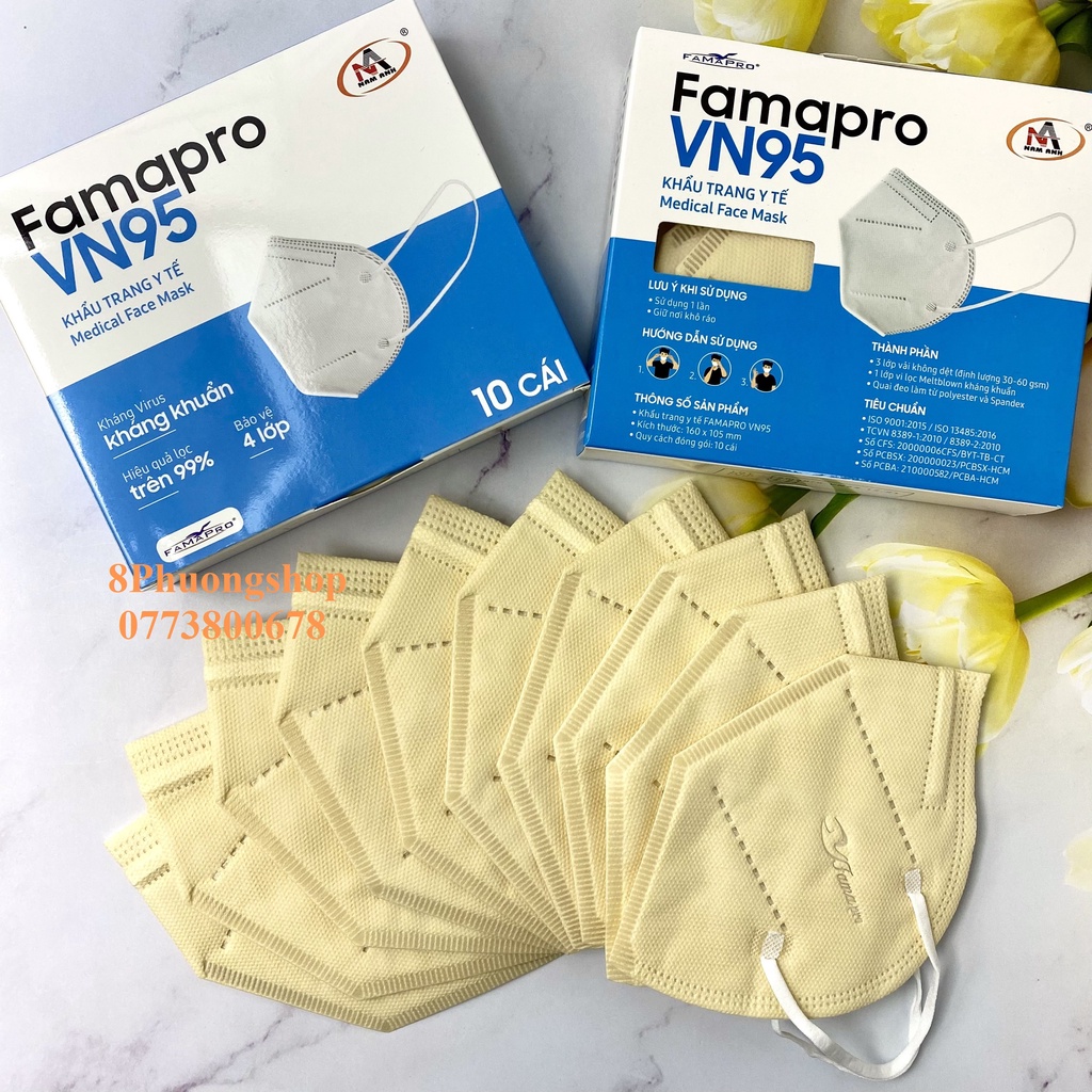 Khẩu trang y tế VN95 kháng khuẩn 4 lớp FAMAPRO Hộp 10 cái - 8 màu Trắng / Xám / Đen / Navy / Vàng / Hồng / Rêu