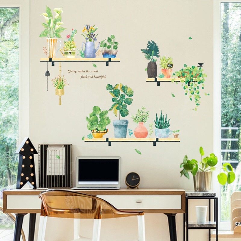 Decal dán tường chậu cây trên kệ,chất liệu cao cấp sẵn keo dán.