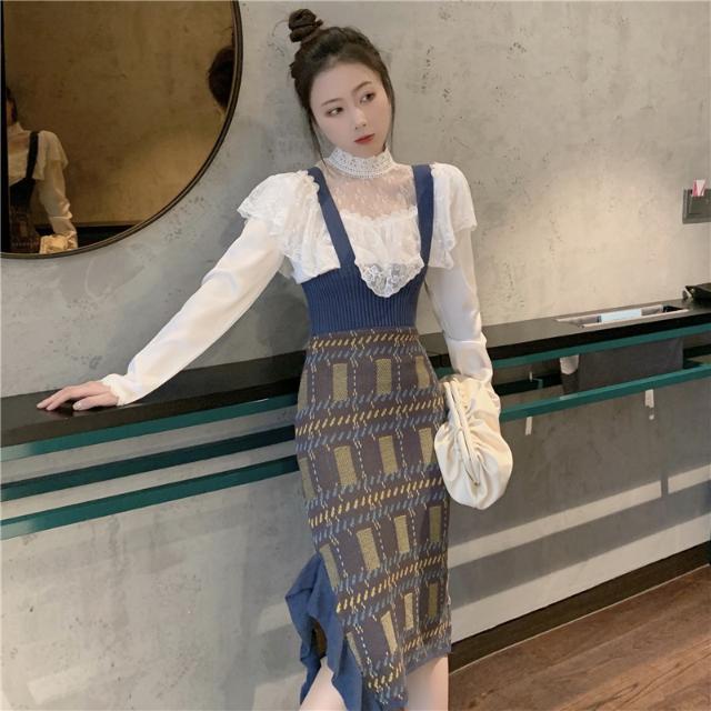 Bộ đồ hai mảnh gồm áo và đầm dây lửng dệt kim bó hông lưng cao diềm xếp nếp xẻ tà (có bán lẻ)