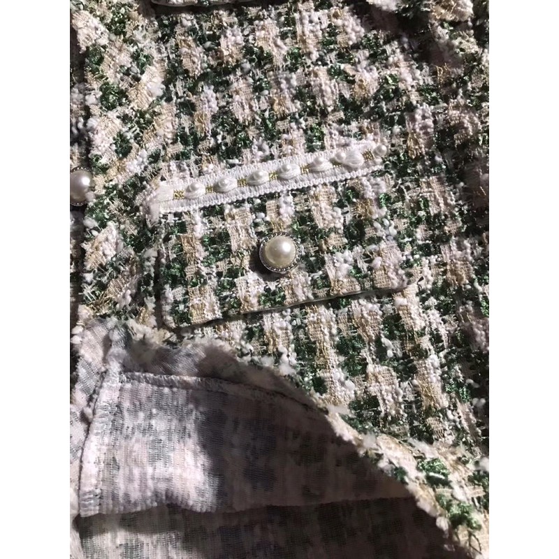 Set áo yếm dạ tweed và váy suông dáng dài