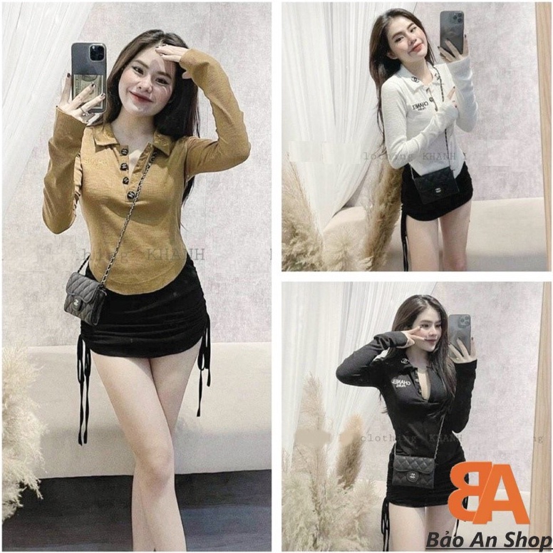 Sét bộ nữ áo cổ bẻ phối nút kèm chân váy lưng thun rút dây đùi