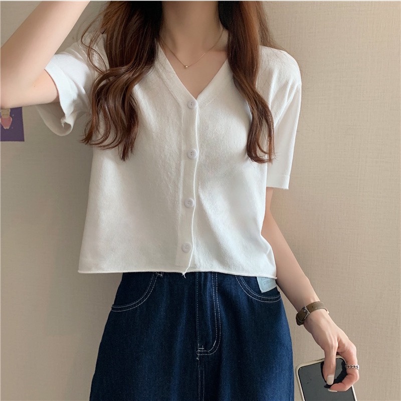 Áo croptop cổ tim cài cúc tay ngắn form rộng chất 4 chiều 100% cotton cực đẹp cherilon - AN07