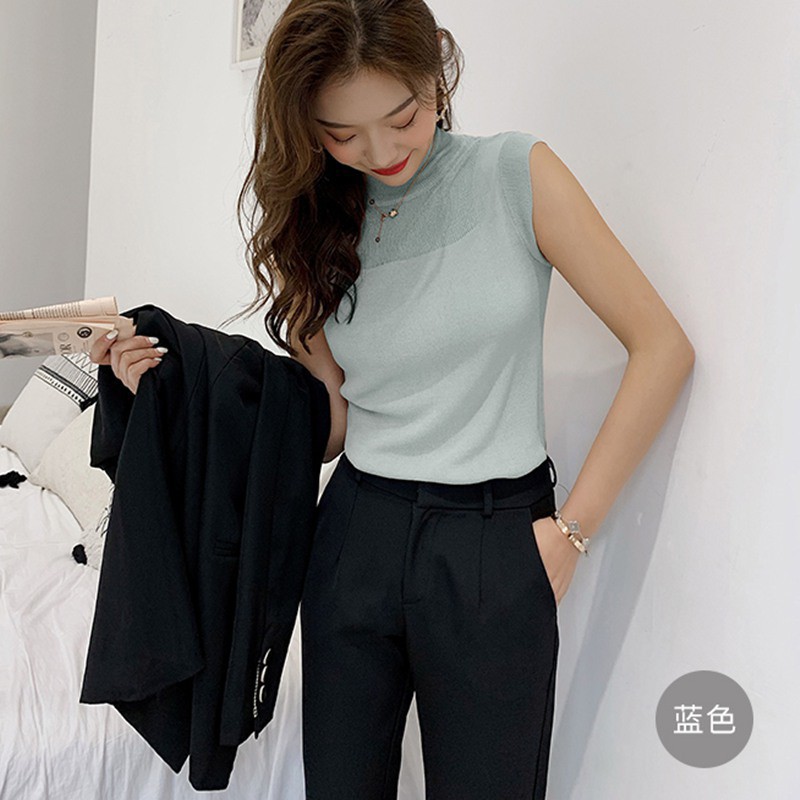 Áo không tay dệt kim cổ tròn phối vuông màu trơn thời trang mùa hè vintage gợi cảm dành cho nữ