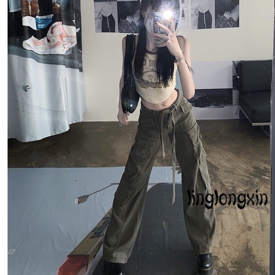 ◑Ul♔Quần Túi Hộp Lưng Thấp Màu Xám Thời Trang Mùa Thu Cho Nữ,quần jean nữ