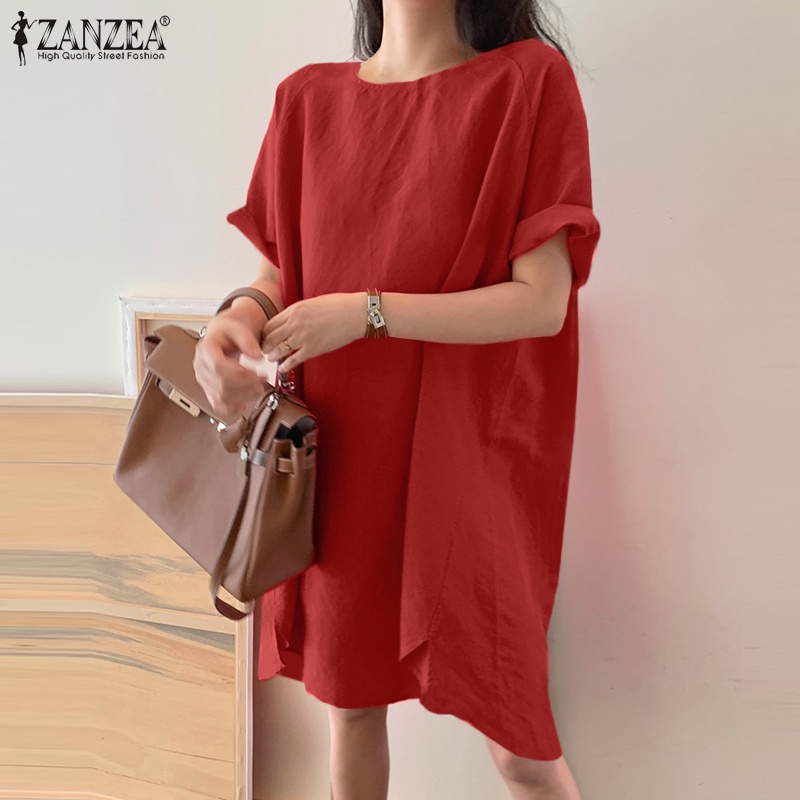 Đầm dáng rộng ngắn ZANZEA tay lửng cổ tròn màu trơn phong cách hàn quốc thời trang thường ngày cho nữ