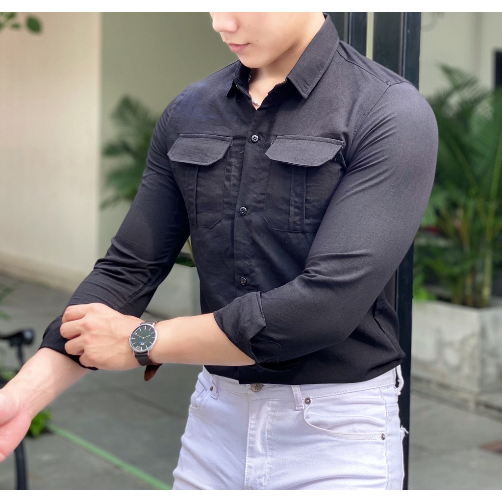 Áo sơ mi nam nữ unisex vải đũi túi hộp kiểu dáng Hàn Quốc hợp thời trang