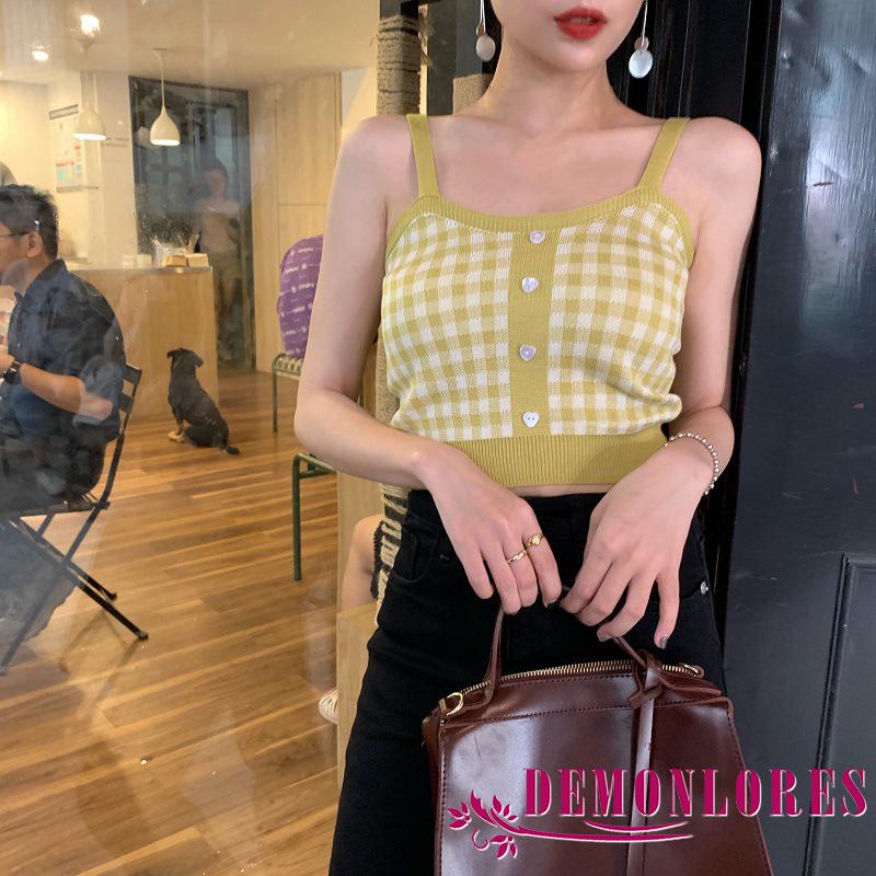 Áo croptop hai dây dệt kim có nút cài phía trước hoạ tiết kẻ sọc caro