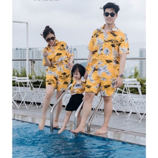 Đồng phục TEAM đi biển du lịch, Bộ đi biển nhóm - Gia đình màu vàng hoạ tiết hoa lá nổi bật