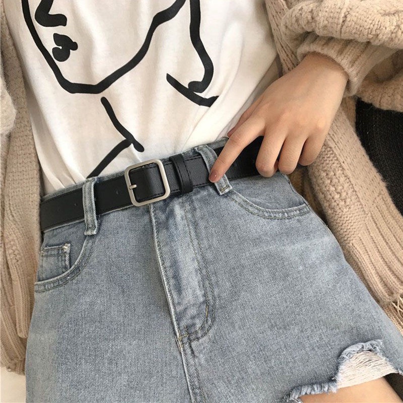 Thắt Lưng Khóa Vuông Màu Đen Đơn Giản Phong Cách Hàn Quốc Cho Nữ