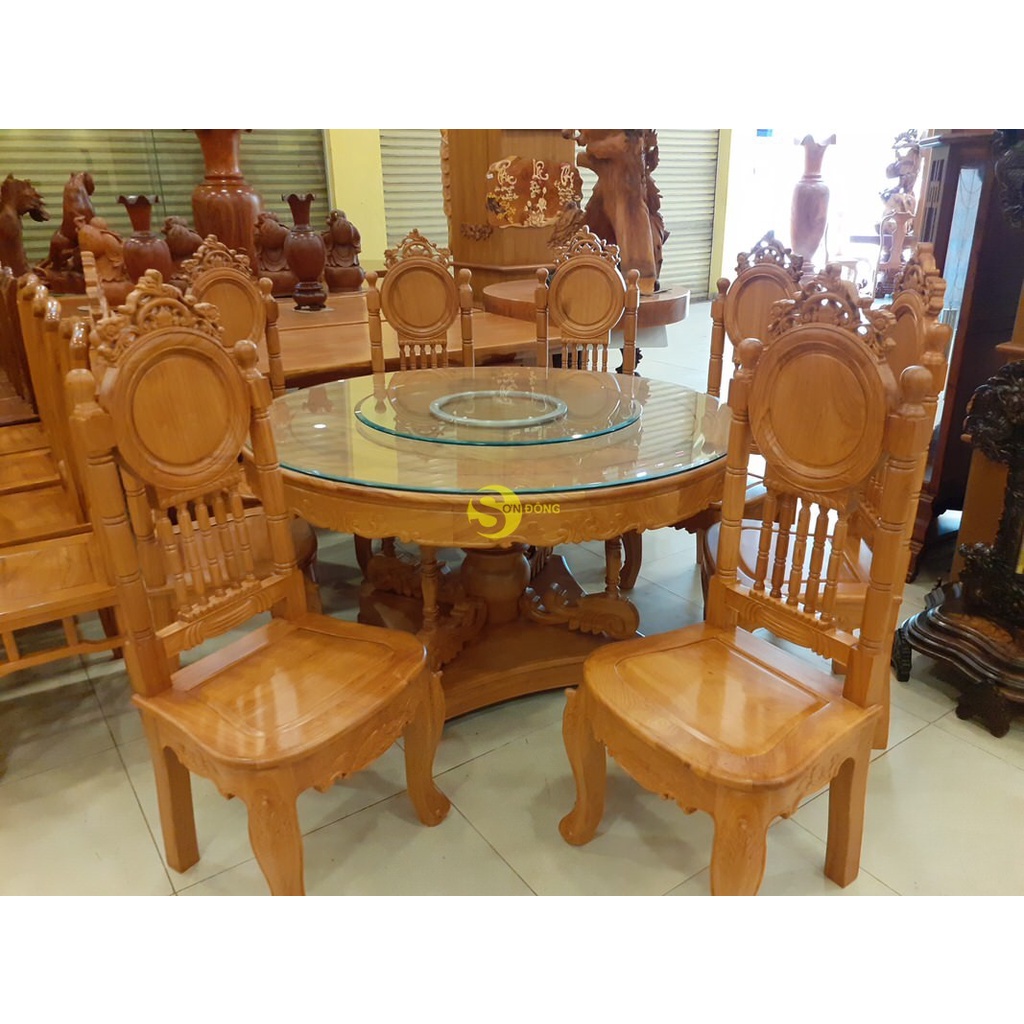 Bộ bàn ăn gõ đỏ 8 ghế mặt trời lá tây cổ điển nam bộ bàn tròn