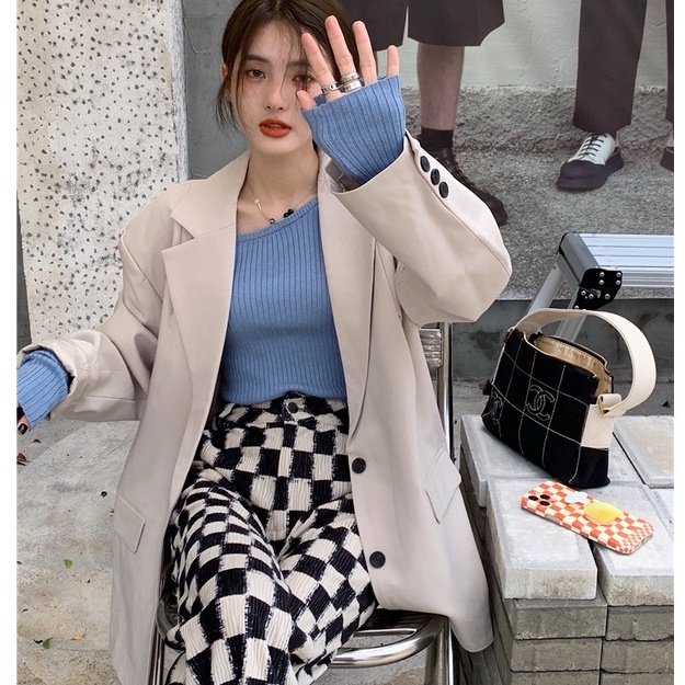 Bộ Áo Khoác Dệt Kim Dài Tay Dáng Rộng + Quần Dài Lưng Cao Sọc Ca Rô Thời Trang Mới 45360 | BigBuy360 - bigbuy360.vn